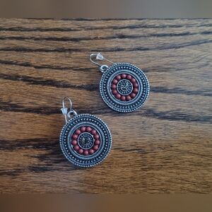 Coral & Silver-toned Medallion Dangle Earrings, Red & Silver